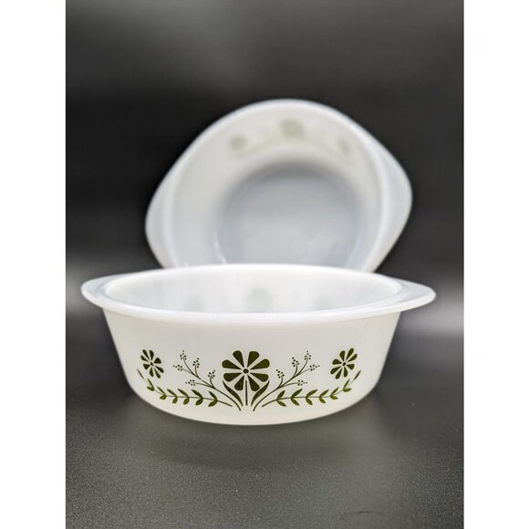 1960's Vintage Glasbake Green Daisy 1 1/2 QT J2600 Bakeware Serving Dish 2pc - Picture 1 of 7